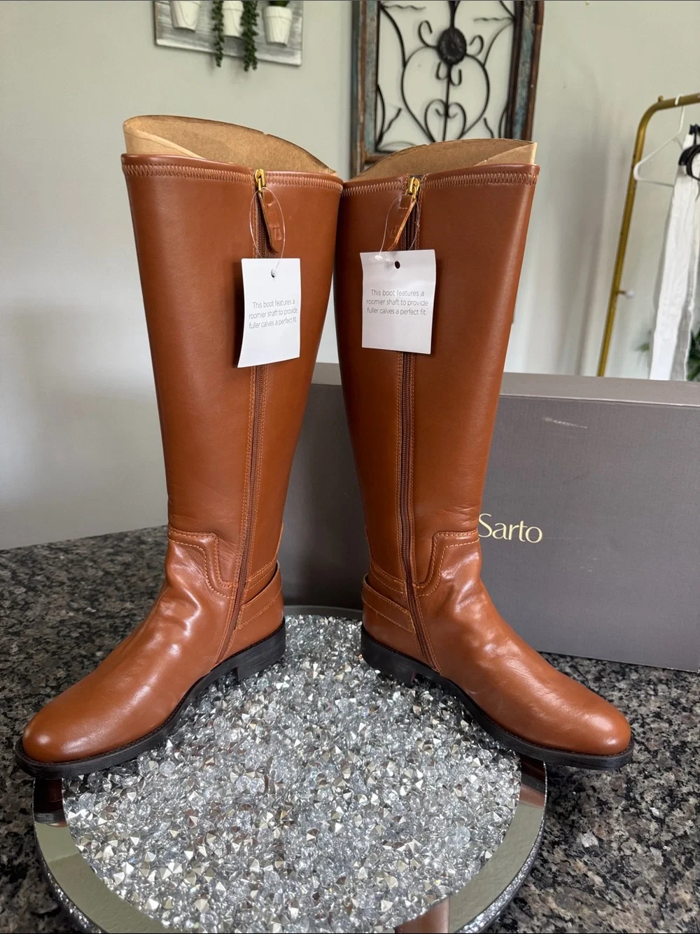 Franco Sarto Tall Cognac Over-the-Knee Boots with Gold Buckle NEW WIDE CALF 7